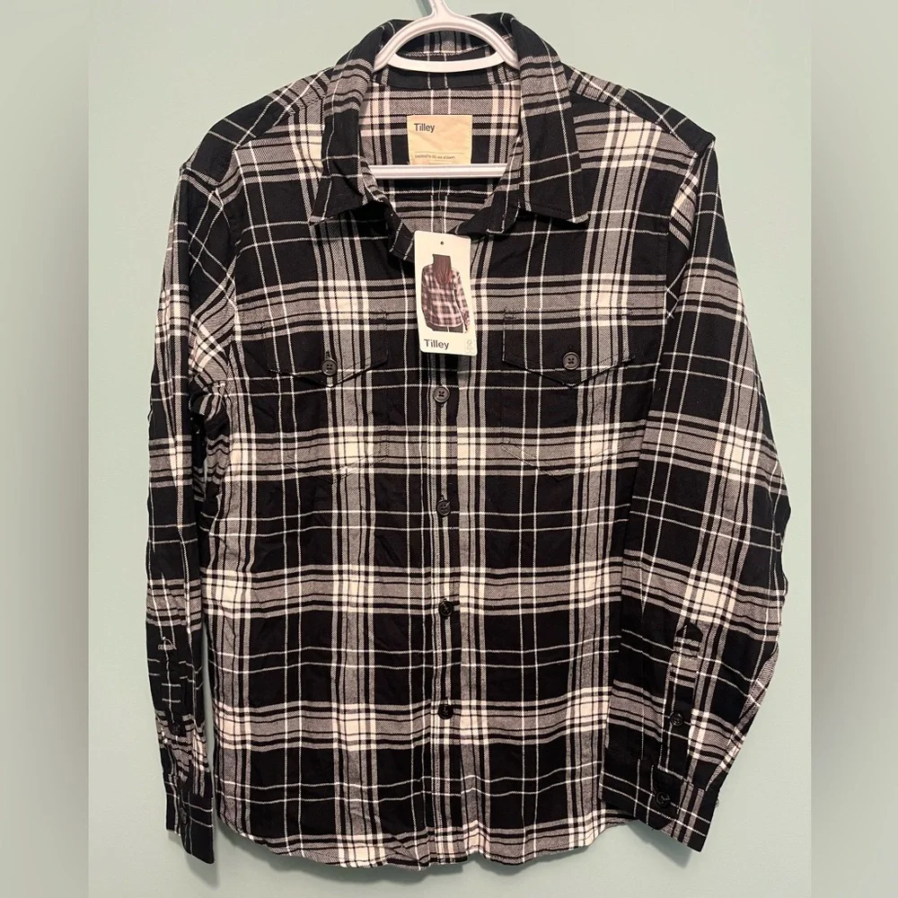 Tilley Black and White Plaid Button Up Jacket/Shirt Flannel NEW with tags Size L - Picture 4 of 7